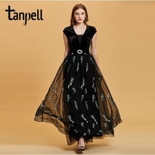 Tanpell fashion plus evening dresses hunter v neck a line floor length dress cap sleeves appliques lace long evening gown