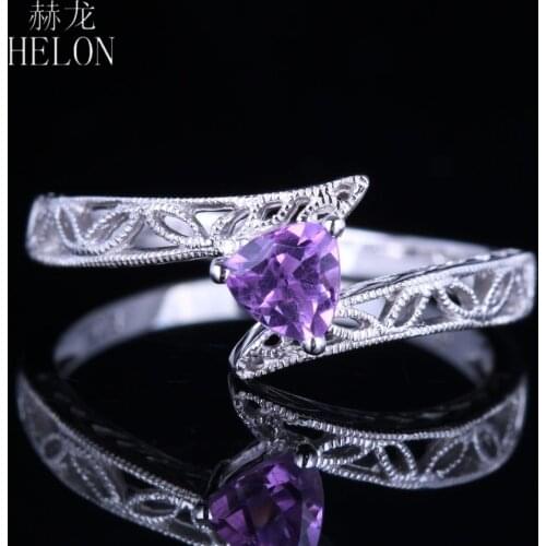 HELON Solid Silver 925 Flawless Trillion Cut 4.5mm Genuine Amethyst Engagement Wedding Ring Women Elegant Vintage Jewelry Ring