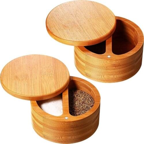 2 Pieces Bamboo Salt and Spice Storage Box with Magnetic Swivel Lid Round Bamboo Pepper Box Bamboo Salt Keeper Kitchen