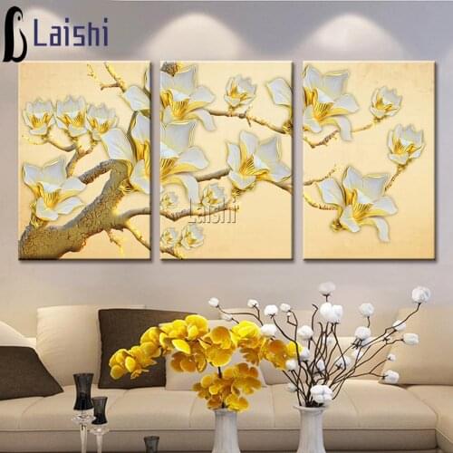 3pcs Golden white flower diy diamond painting full square round drill diamond embroidery triptych diy craft supplies home decor