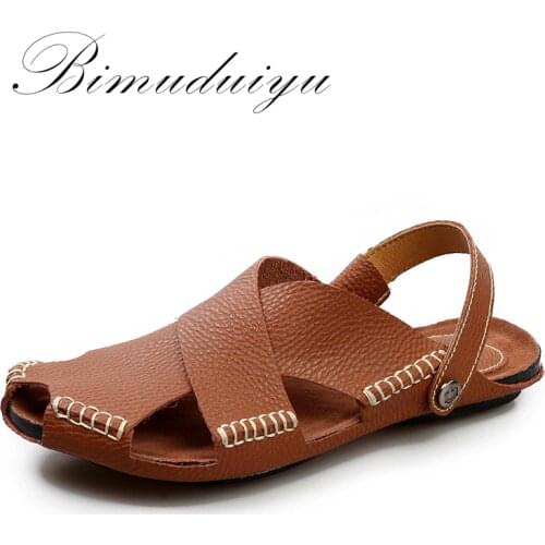 BIMUDUIYU Summer New Arrival Soft Leather Beach Sandals Handmade Genuine Leather Casual Mens breathable Sandal Simple Design