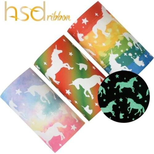 HSDRibbon 75MM 3 inch Unicorn Series Glow in the dark noctilucent glitter Printed on HT grosgrain ribbon