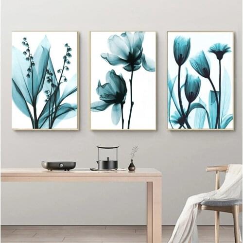 Blue Floral Nordic style Canvas Painting Flowers Poster Wall Art Print for Vintage Living Room Bedroom Decorative Wall Pictures