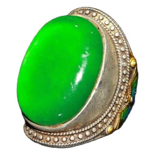 China Old Tibetan Silver Inlaid Emerald Gold Ring Ornament