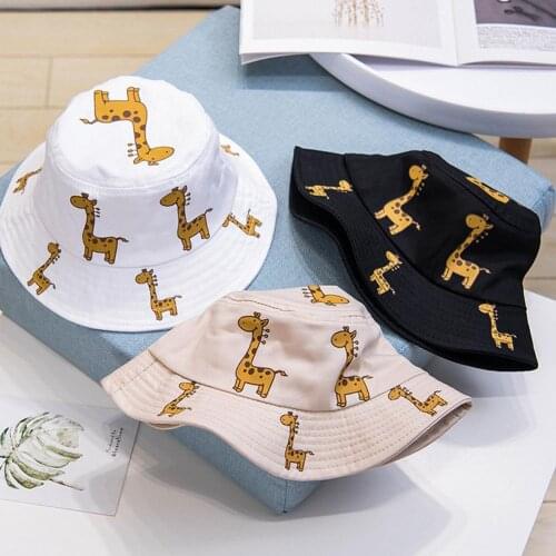 Summer Kids Sun Hats Cartoon Giraffe Print Sunhat Wide Brim UV Protection Fisherman Hat Bucket Cap Outdoor Sun Hat for Kids