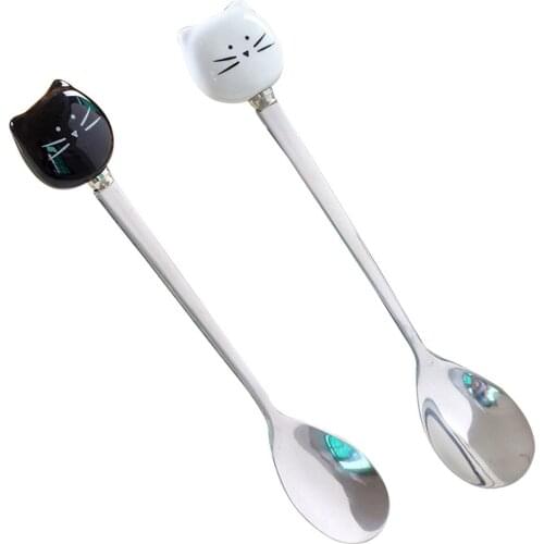 2pcs Cartoon Cat Cake Spoons Ceramic Handle Stainless Steel Kitchen Tableware Coffee Spoon Milk Mixing Spoon Home Cafe Supplies