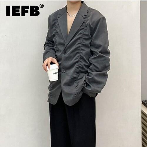 IEFB mens wear autumn solid color pleated design Korean casual suit coat black grey single breasted long sleeve blazer chic