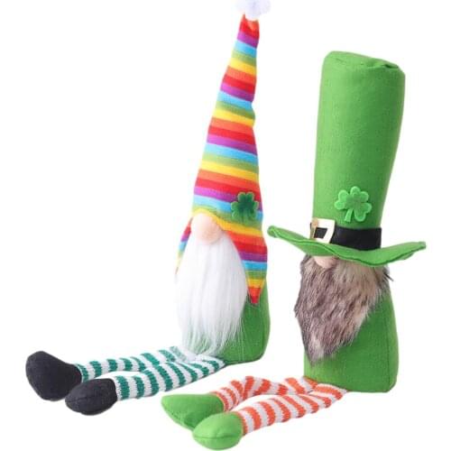 New Handmade St Patricks Day Lucky Gnome Plush Decoration Party Favor Norway Nisse Green Leaf Festival Long-leg Plaid Cloth Doll