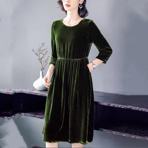 New Velvet Dresses for Women 2020 Spring Autumn Vintage Pleated Velour Party Dress Three Quarter sleeve dress Plus Size