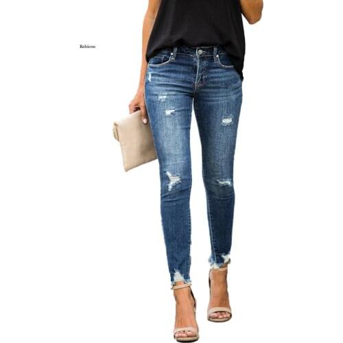 New Mid Waist Skinny Jeans Women Vintage Distressed Denim Pants Holes Destroyed Pencil Pants Casual Trousers summer Ripped Jeans