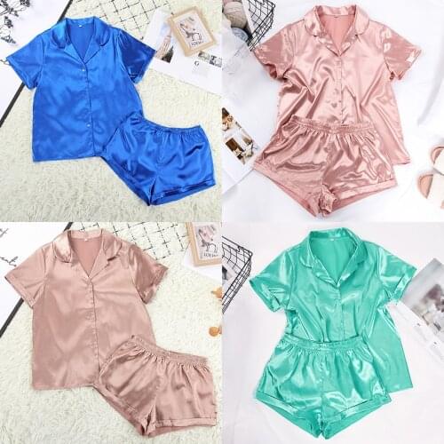 Solid Color Satin Pajamas With Shorts Sleepwear Suit Silk Pyjama For Women Short Sleeve Casual Pajama Sets Women Homewear Spring