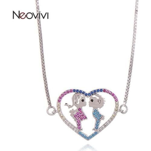 Neovivi Lovely Girl and Boy Hollow Heart Charm Necklaces for Women Micro Pave Colorful Zircon Brass Link Couple Necklace Jewelry