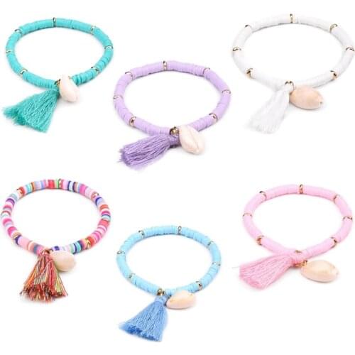 Rainbow Beaded Bracelet Color Polymer Clay Disc Bead Wax Rope Bracelet Bohemian Surfing Stackable Stretch Charm Bracelet B03B