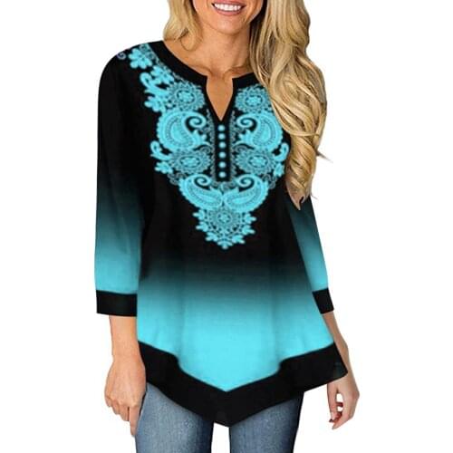 40# Gradient Printed Blouse Irregular Hem Women Vintage V-neck Long Sleeve Shirt Top Oversize Loose Elegant Women Shirts Рубашки
