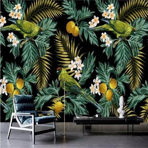 Hand painted tropical rainforest parrot coconut leaf TV background wall manufacturers wholesale wallpaper mural custom photo wal