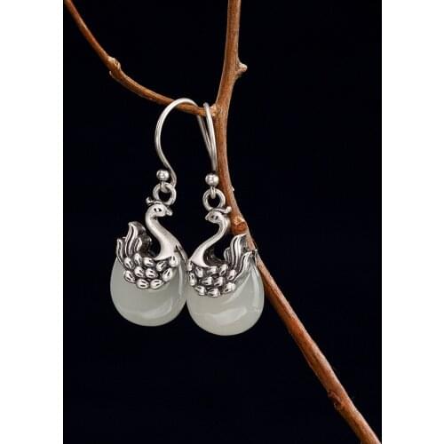 Natural 925 sterling silver inlaid phoenix hetian jade earrings, white jade ladies, temperament earrings women earrings jewelry