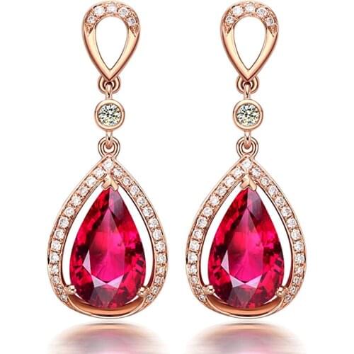 18K ROSE GOLD COLOR RUBY GEMSTONES ZIRCON DIAMOND DANGLE DROP EARRINGS FOR WOMEN LUXURY JEWELRY PARTY BIJOUX CRYSTAL PENDIENTES