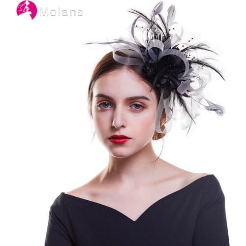 Molans Women Elegant Fascinator Hat Hair Clips Flower Feather Mesh Yarn Cocktail Party Wedding Hair Accessories