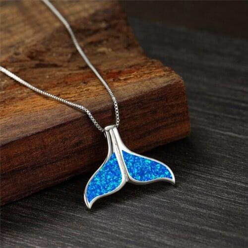 Vintage Female Blue Opal Pendant Necklace Fashion Fish Tail Long Wedding Necklace Classic Silver Color Chain Necklaces For Women
