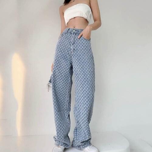 Vintage Y2K High Waist Straight Jeans Women Loose Holes Hollow Out Denim Trousers Floor-Length Pants Vintage Mom Pants Plus Size