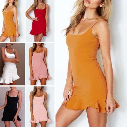 Women Summer Sexy Backless Spaghetti Strap Ruffled Hem Party Bodycon Mini Dress Solid Sleeveless Sexy Ladies Casual Dresses