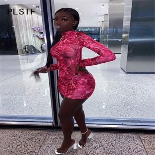 European Style Women Print Mini Dress O Neck Full Sleeve Party Club Bodycon Dress Ladies Sexy Dress