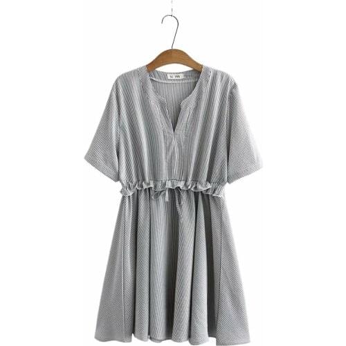 Plus size V-Neck short sleeve striped cotton women dresses 2021 casual summer ladies high waist dress female pullovers tops