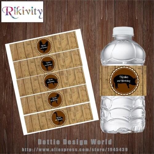 20 Custom Farm Animals Wood Water Bottle Wine Champagne Labels Candy Bar Wrapper Stickers Baby Shower Birthday Party Decoration