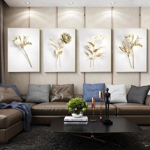 Abstract Luxury Art Poster Modern Gold Flower Picture Wall Art Oil Painting Home Decor Design Prints Living Room Exhibition Hall