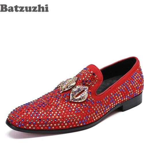 Batzuzhi Fashion Design Kiss Men Casual Flats Shoes Men Genuine Leather Shoes Loafers Red Rhinestones Party Wedding Shoes, 46