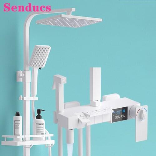 White Digital Shower Set Senducs Luxury White Piano Thermostatic Bathroom Shower System Wall Mounted Hot Cold Bathtub Faucets