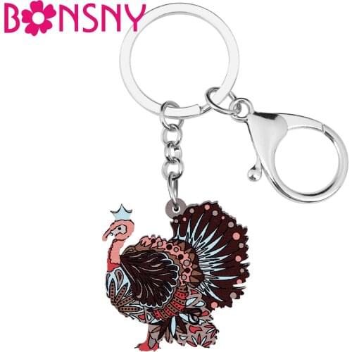 BONSNY Thanksgiving Acrylic Floral Turkey Chicken Keychains Ring Fashion Purse Key Chain Charms Jewelry For Women Girls Gifts
