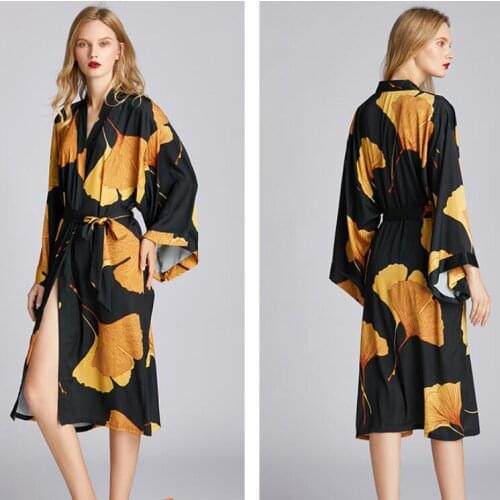 Black Women Night Robe Golden and Elegant Ginkgo Leaves Bridal Gowns Cheap Sleepwear Party Pajama