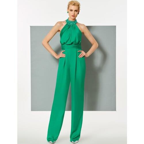 Tanpell Elegant Long Pants Evening Dress Applique Beaded Halter Sheath Women Party Custom Made Formal Jumpsuit Evening Dress