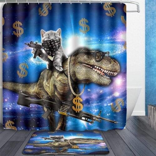 Space Cat Riding Dinosaur T-rex with Guns Dollars Shower Curtain