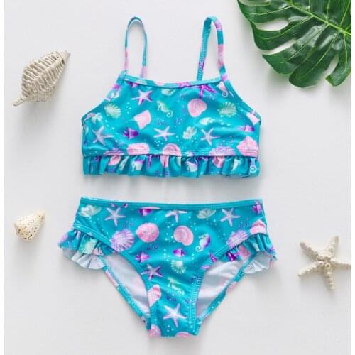 2-8 Years 2021 Girls Swimsuit Blue Shell Printed Swimwear New 2021 Baby Girls Bathing Suit Children Swimwear 1100