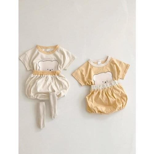 2021 Summer New Baby Suit Cute Bear Print Tees and Solid Shorts 2Pcs Korean Infant Set Cotton Toddler Clothes Outfits