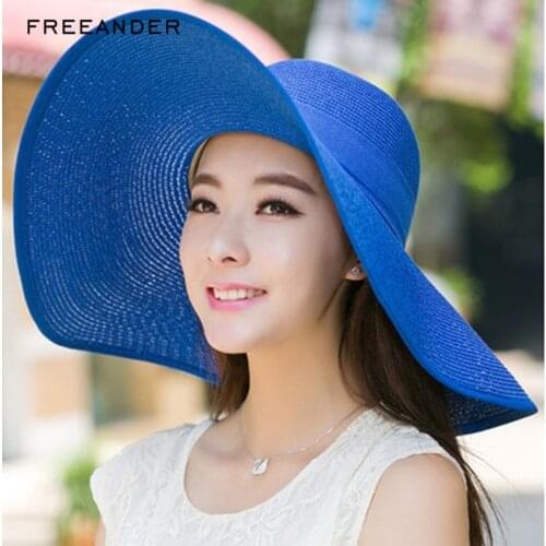 Freeander Women Boater Beach Hat Female Casual Panama Hat 2018 Fashion Summer Oversized Outdoor Folding Seaside Sun Visor Hat