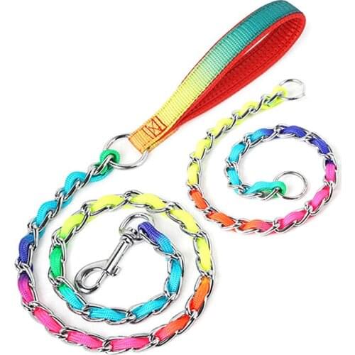 Rainbow Dog Collar Lead Set Sturdy Stainless Steel P Choke Metal Chain Pet Leash For Small Medium Large Dogs Training Collar