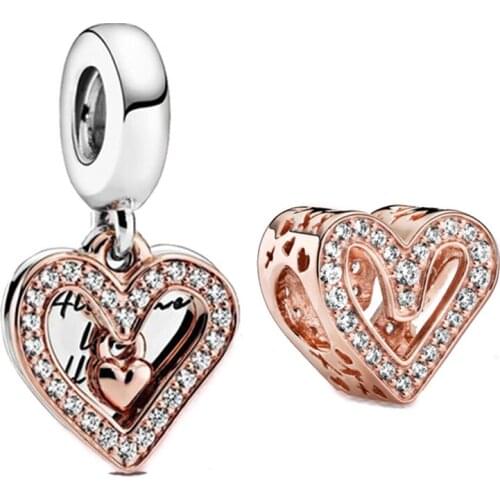 Rose Gold Bright Love Charm Two Hearts Bracelet Necklace Pendant Gift for Girlfriend