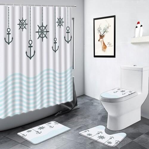 Rudder Anchor Shower Curtain Set Non-slip Carpet Ocean Wave Creative Children Bathroom Decor Door Rug Toilet Lid Cover Bath Mats