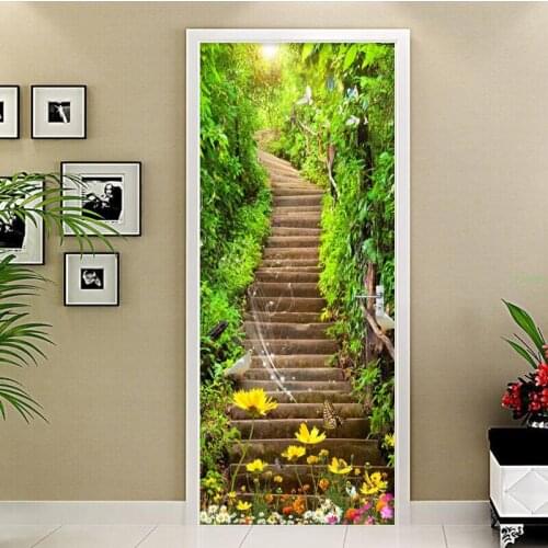 2 Pieces/Set Self-Adhesive Door Sticker 3D Green Forest Stairs Wall Papers Living Room Toilet Wall Door Stickers PVC Home Decor
