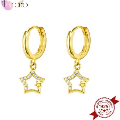 925 Sterling Silver Ear Buckle Crystal Star Hanging Earrings for Women Gold Color Huggie Hoop Earrings Simple Korean Jewelry