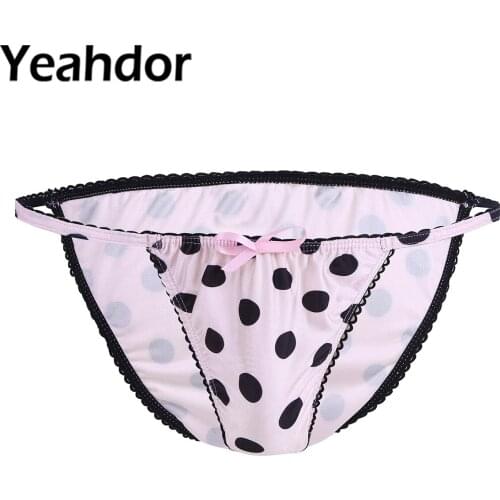 Sexy Mens Lace Lingerie Briefs 2021 Polka Dots Bow Low Rise Bikini Underwear Sissy Erotic Stretchy Underpants Panties Nightwear