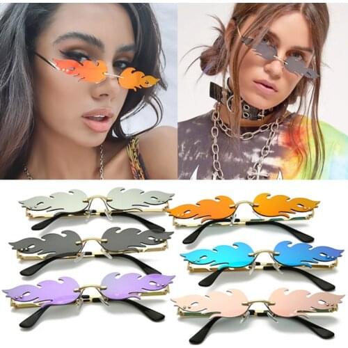 Luxury Fashion Fire Flame Cycling Sunglasses Women Men Rimless Wave Sun Glasses Metal Shades Vintage Women Mirror Eyewear UV400