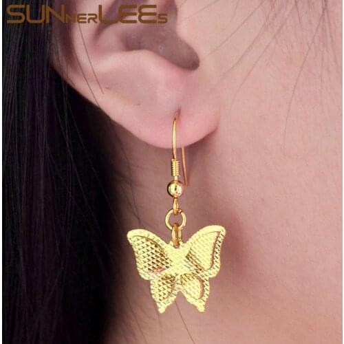 SUNNERLEES Fashion Jewelry Womens Girls Yellow Gold-Color Drop Earrings Butterfly Dangles E07 Y