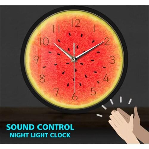 Its Fruit Time Watermelon Metal Frame Luminous Wall Clock Sound Activated Nursery Wall Art Decor Slient Quartz Movement Watch