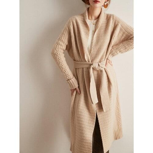 Thicken Warm 100% cashmere Women cardigan Super long thick loose jacket women autumn winter knitted sweater116cm Length 910g