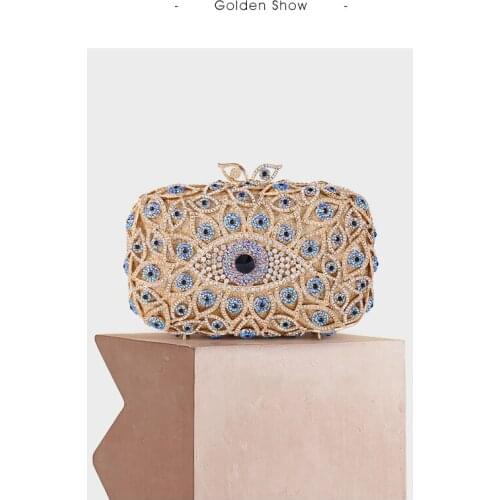 XIYUAN Women Eye Shape Gold/Blue Color Crystal Evening Bag Diamond Clutch Bag Bridal Handbag and Purse Wedding Party Bag Handbag