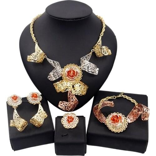 Yulaili Tricolor Design Dubai Gold Jewelry Sets for Women Necklace Dangle Earrings Bracelet Ring Fine Jewelery Set Wholesale